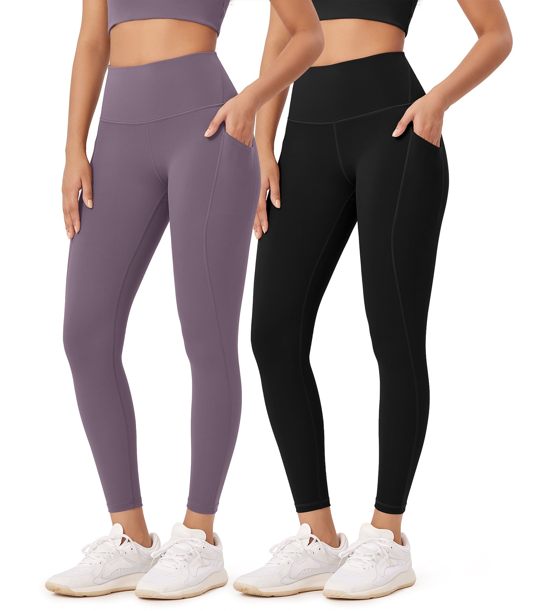 2-Pack 25�High Waist Workout Leggings with Pockets Black+Ash Violet - ododos