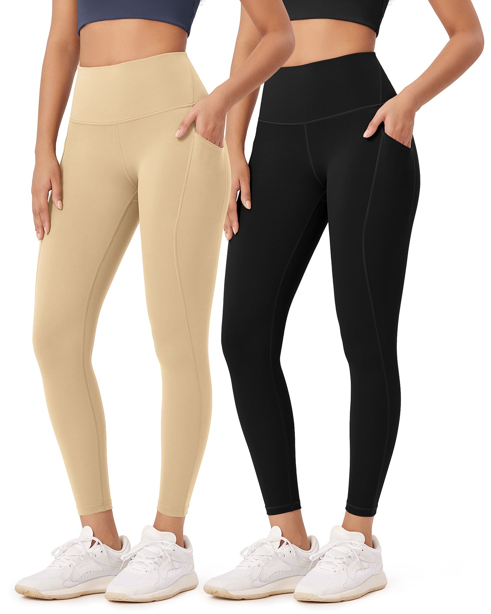 2-Pack 25�High Waist Workout Leggings with Pockets Black+Beige - ododos