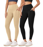 2-Pack 25�High Waist Workout Leggings with Pockets Black+Beige - ododos