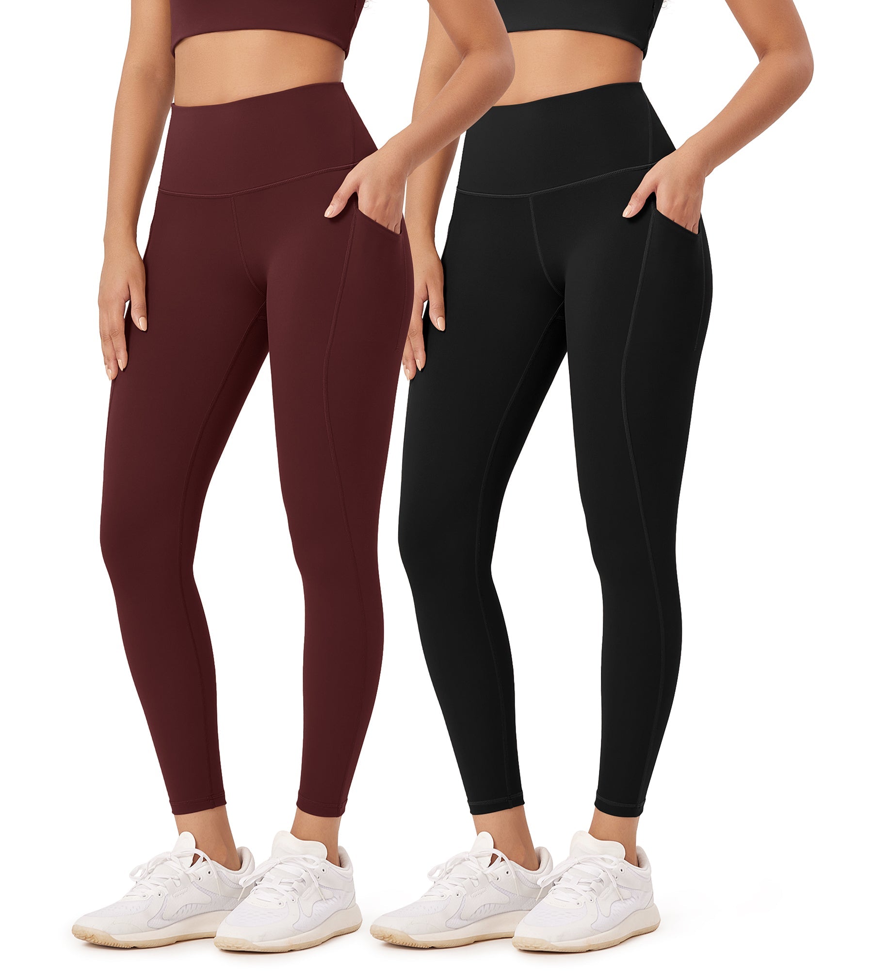 2-Pack 25�High Waist Workout Leggings with Pockets Black+Burgundy - ododos