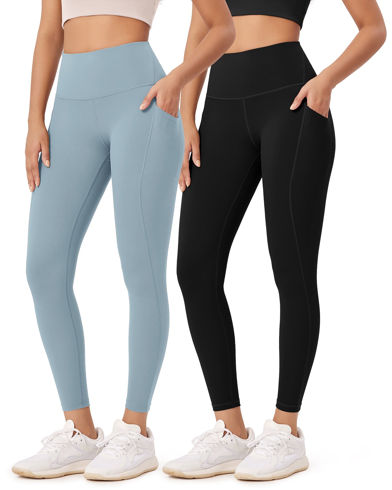 2-Pack 25�High Waist Workout Leggings with Pockets Black+Chambray - ododos