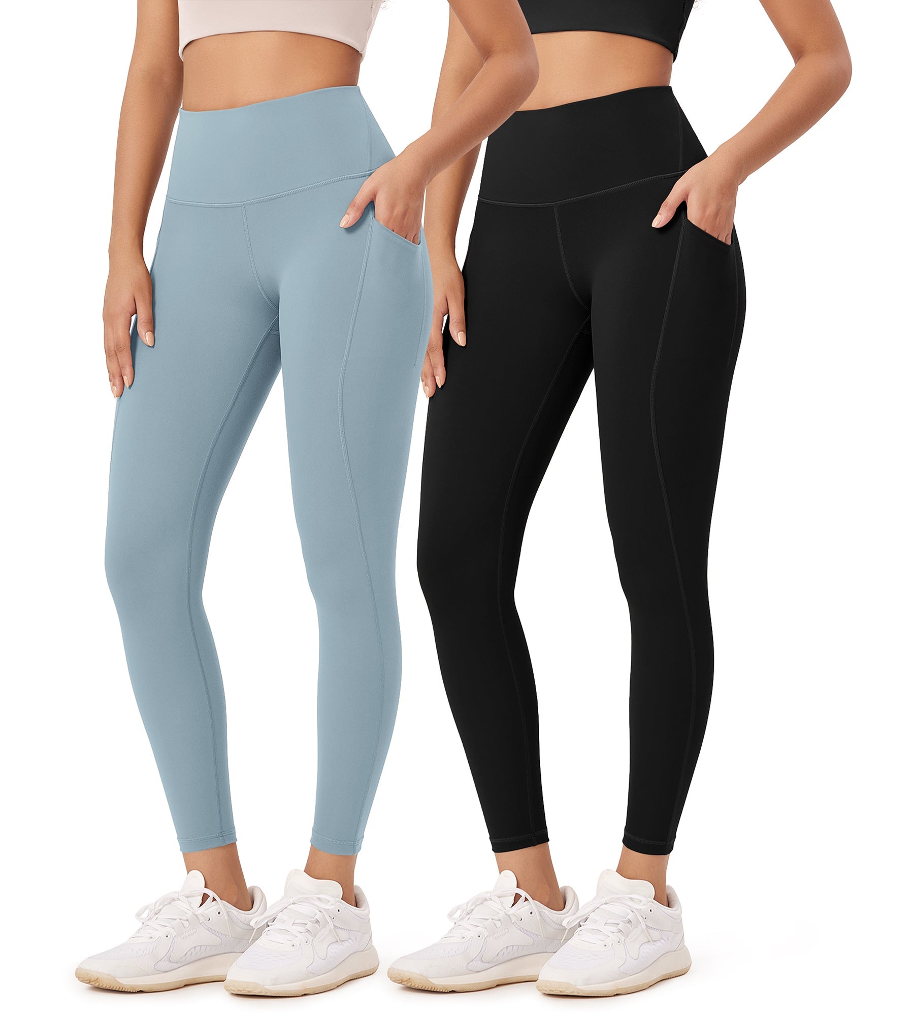 2-Pack 25�High Waist Workout Leggings with Pockets Black+Chambray - ododos
