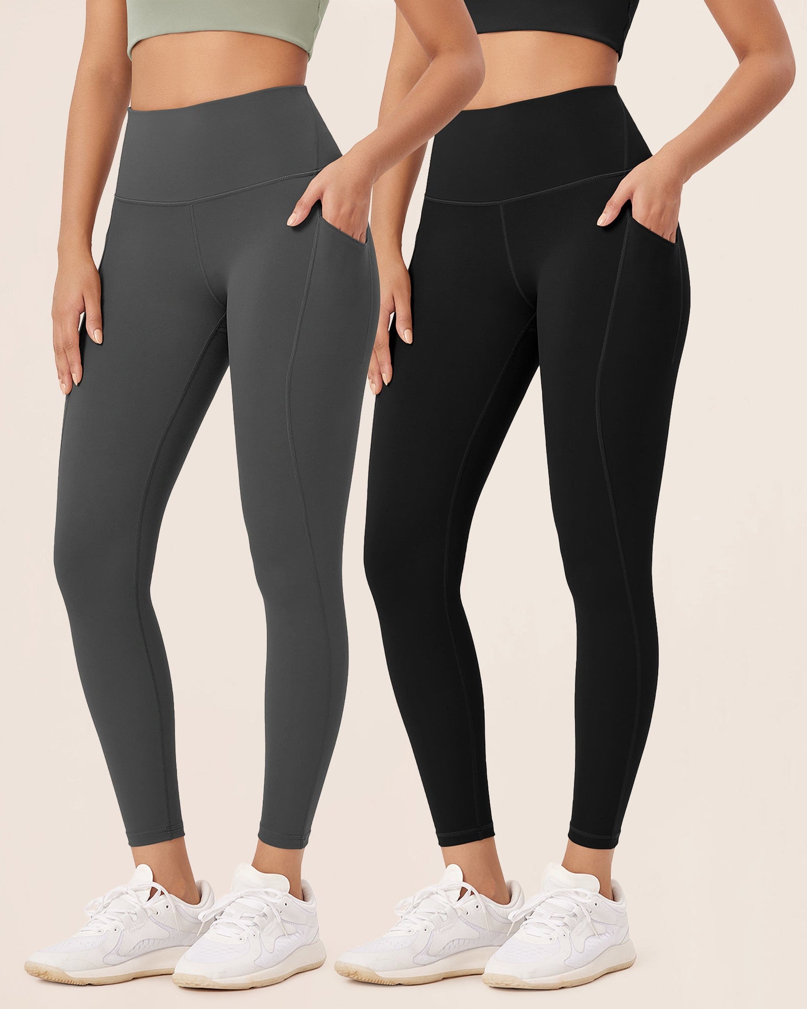 2-Pack 25�High Waist Workout Leggings with Pockets Black+Charcoal - ododos