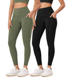 2-Pack 25�High Waist Workout Leggings with Pockets Black+Dark Olive - ododos
