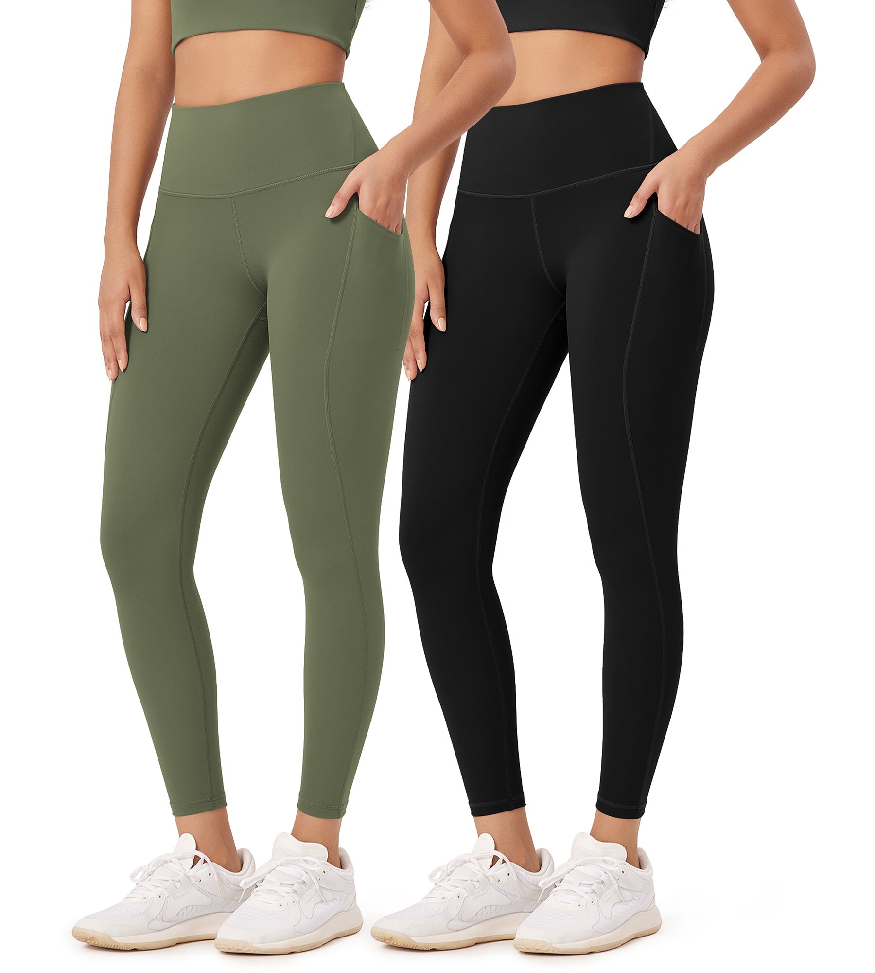 2-Pack 25�High Waist Workout Leggings with Pockets Black+Dark Olive - ododos