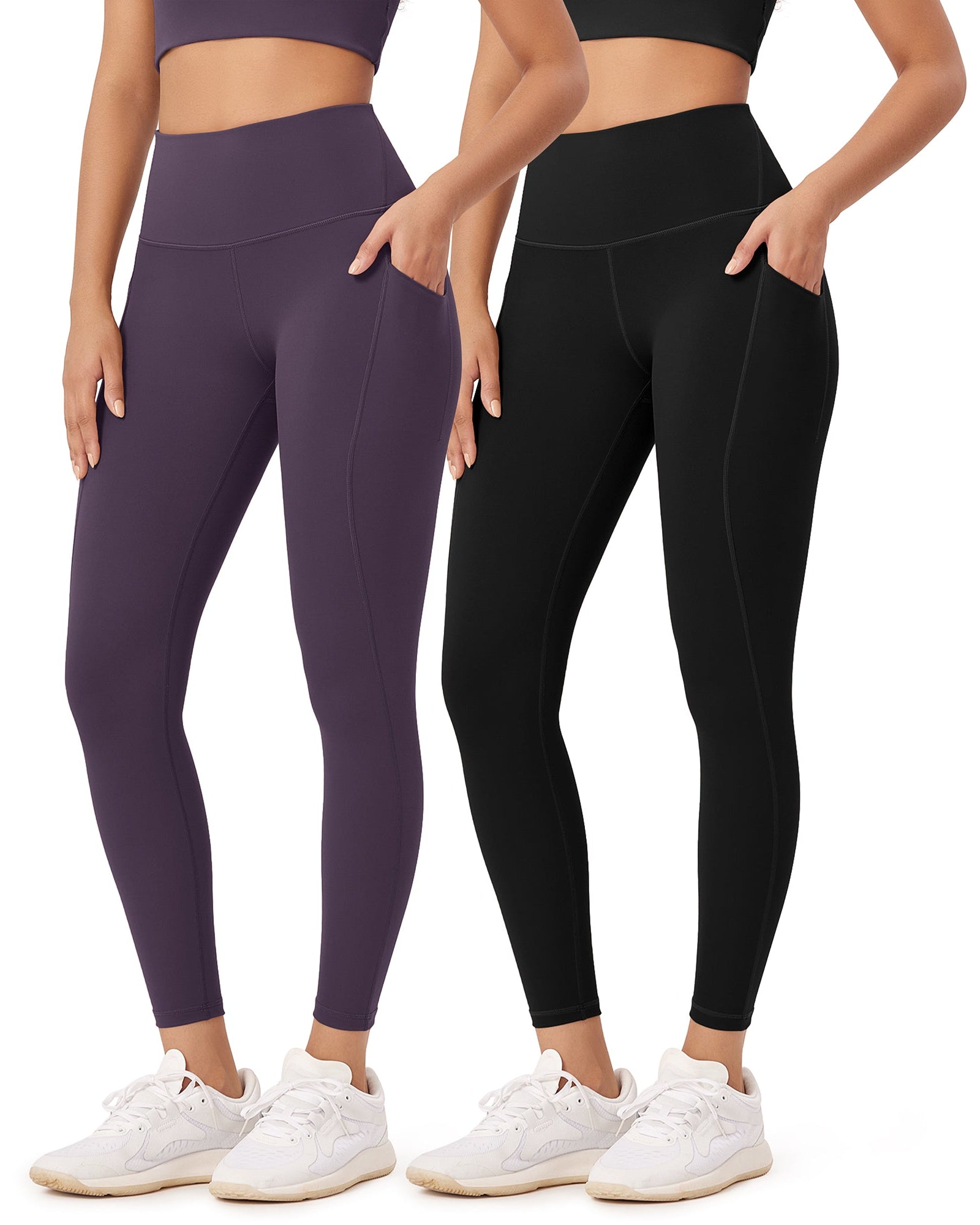 2-Pack 25�High Waist Workout Leggings with Pockets Black+Dark Purple - ododos