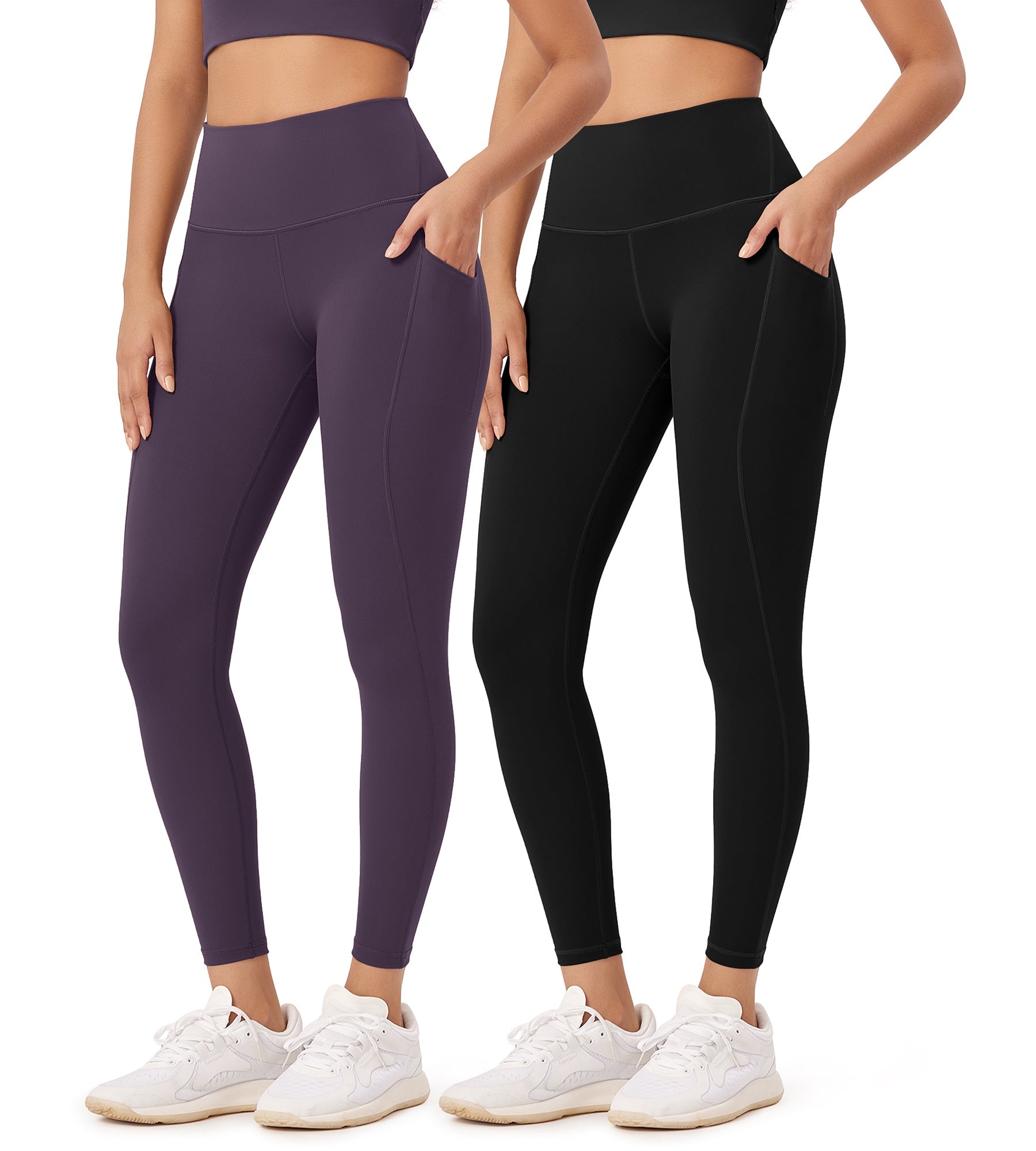 2-Pack 25�High Waist Workout Leggings with Pockets Black+Dark Purple - ododos