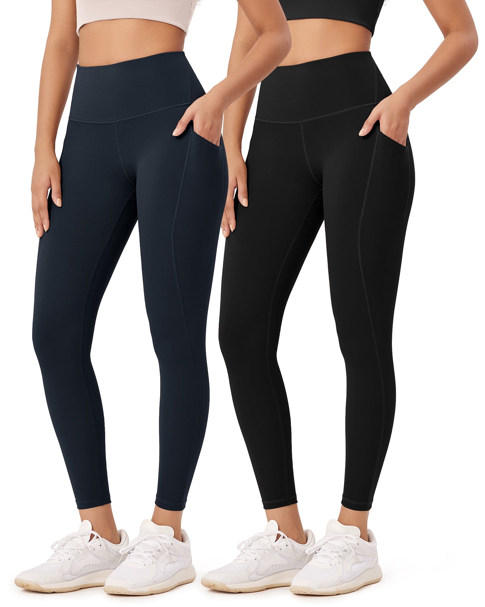 2-Pack 25�High Waist Workout Leggings with Pockets Black+Deep Navy - ododos