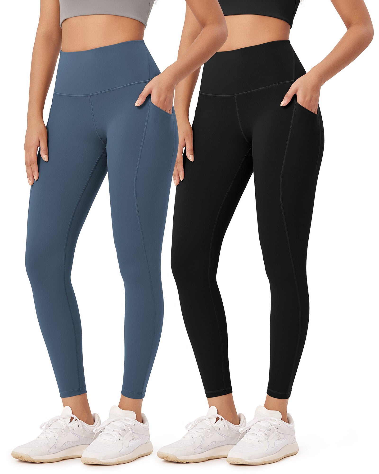 2-Pack 25�High Waist Workout Leggings with Pockets Black+Ink Blue - ododos