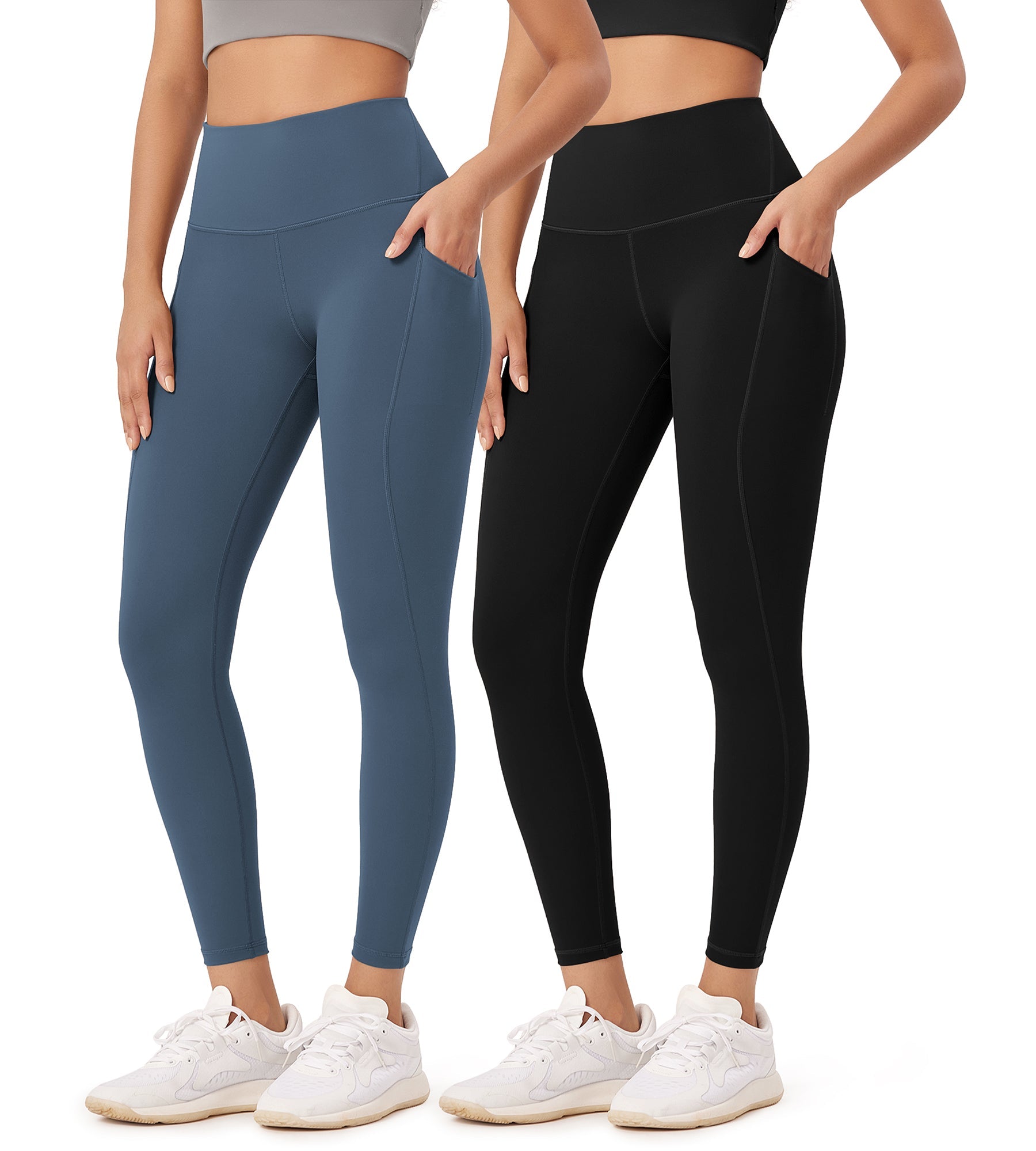 2-Pack 25�High Waist Workout Leggings with Pockets Black+Ink Blue - ododos