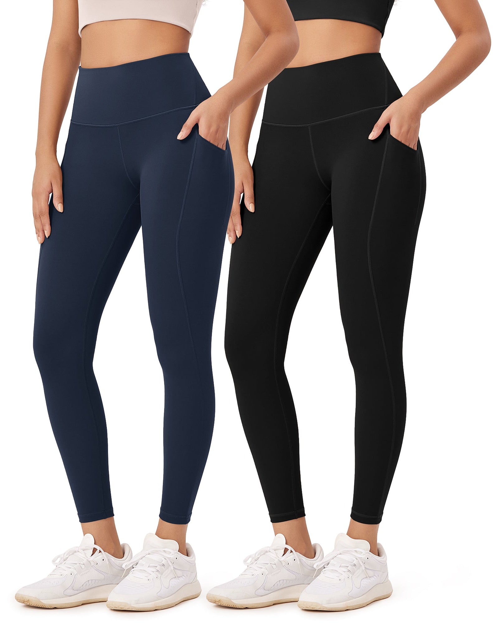 2-Pack 25�High Waist Workout Leggings with Pockets Black+Navy - ododos
