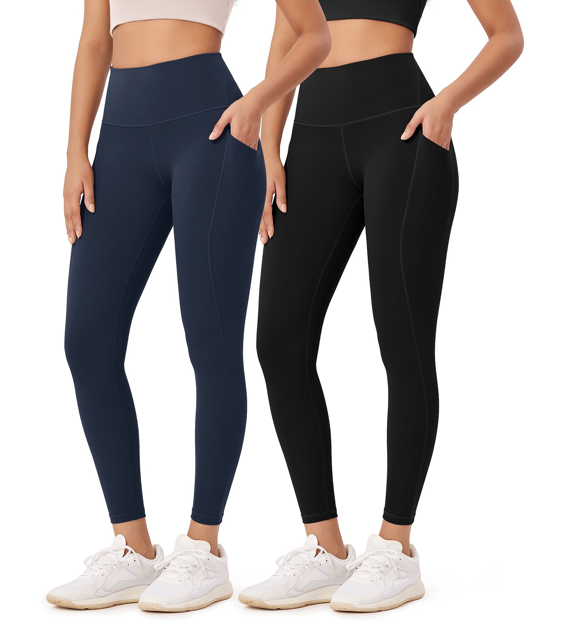 2-Pack 25�High Waist Workout Leggings with Pockets Black+Navy - ododos