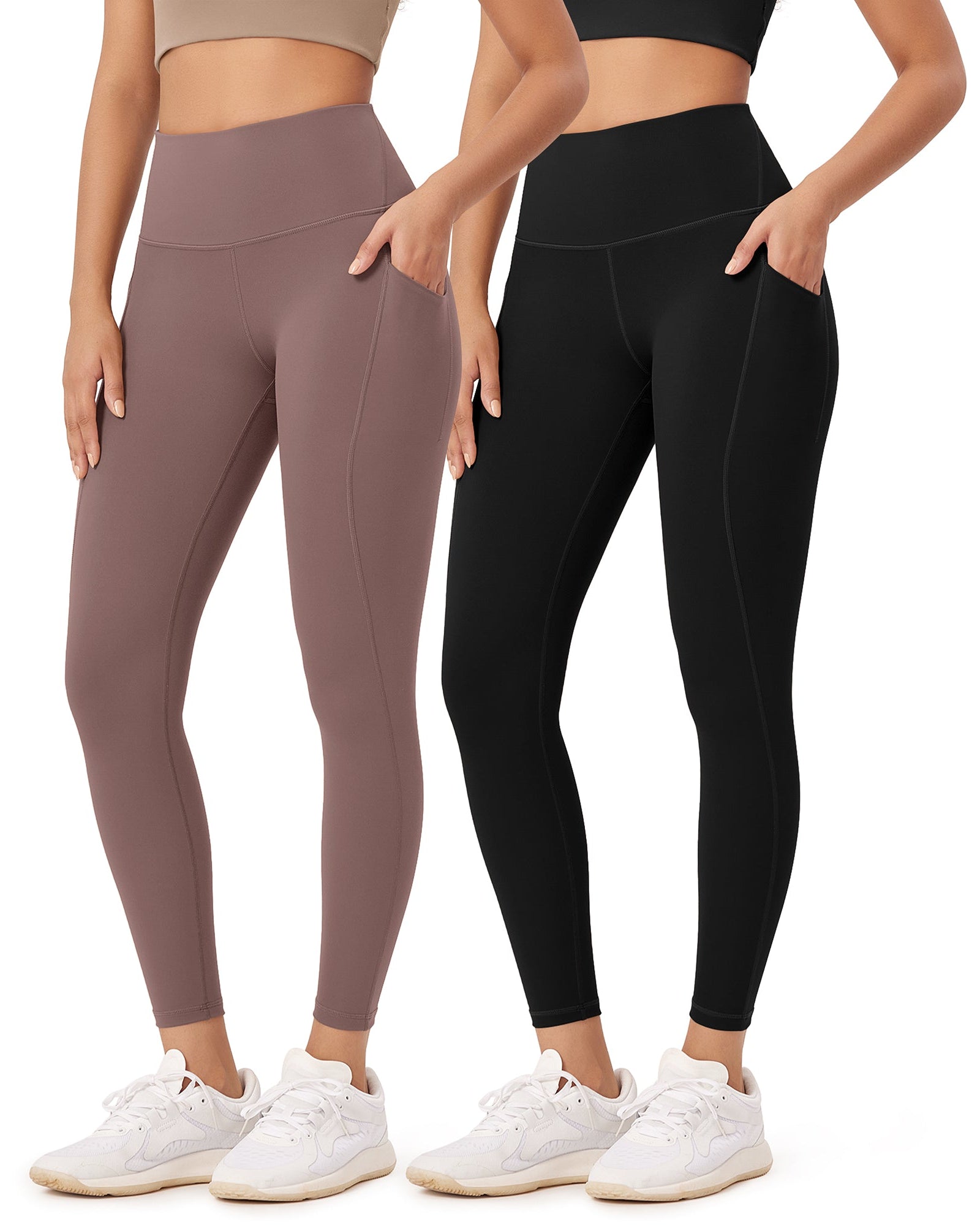2-Pack 25�High Waist Workout Leggings with Pockets Black+Purple Taupe - ododos
