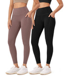 2-Pack 25�High Waist Workout Leggings with Pockets Black+Purple Taupe - ododos