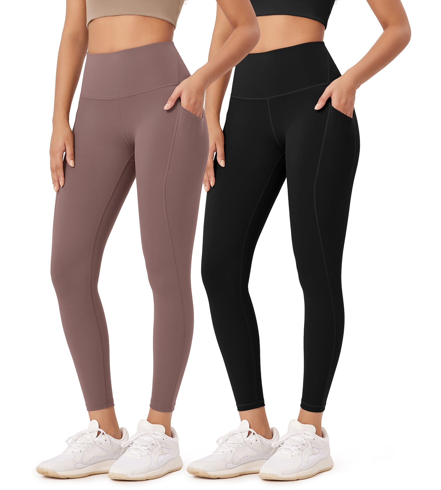 2-Pack 25�High Waist Workout Leggings with Pockets Black+Purple Taupe - ododos