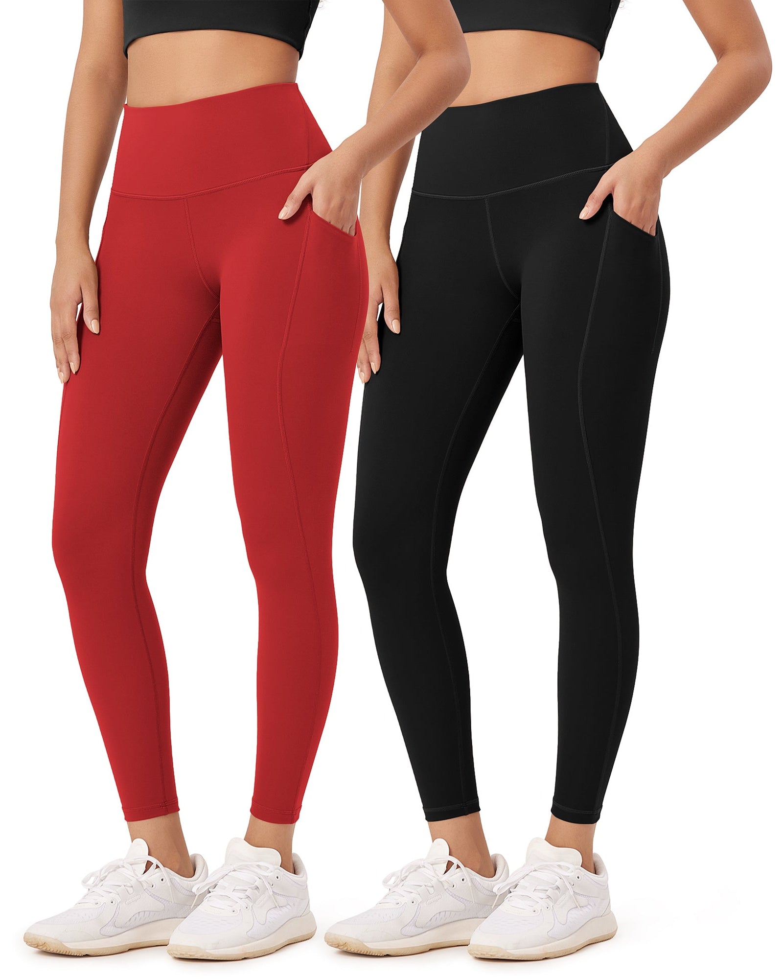2-Pack 25�High Waist Workout Leggings with Pockets Black+Red - ododos
