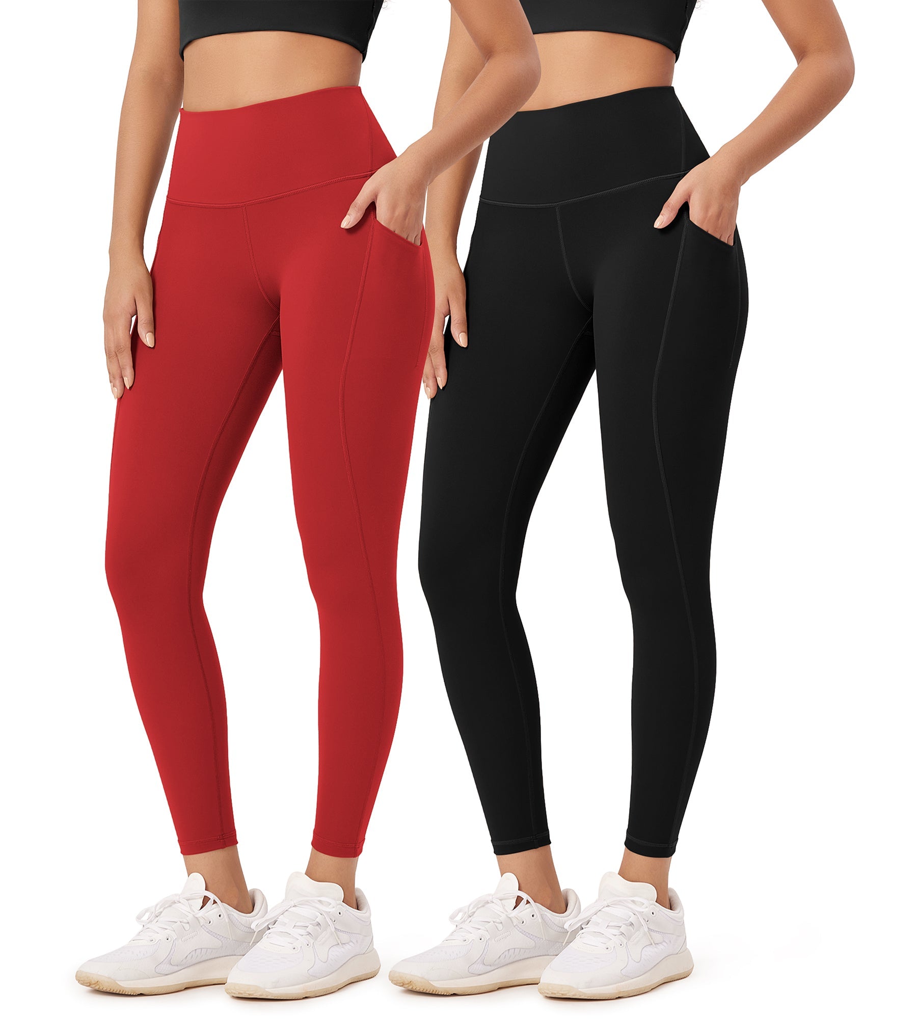 2-Pack 25�High Waist Workout Leggings with Pockets Black+Red - ododos