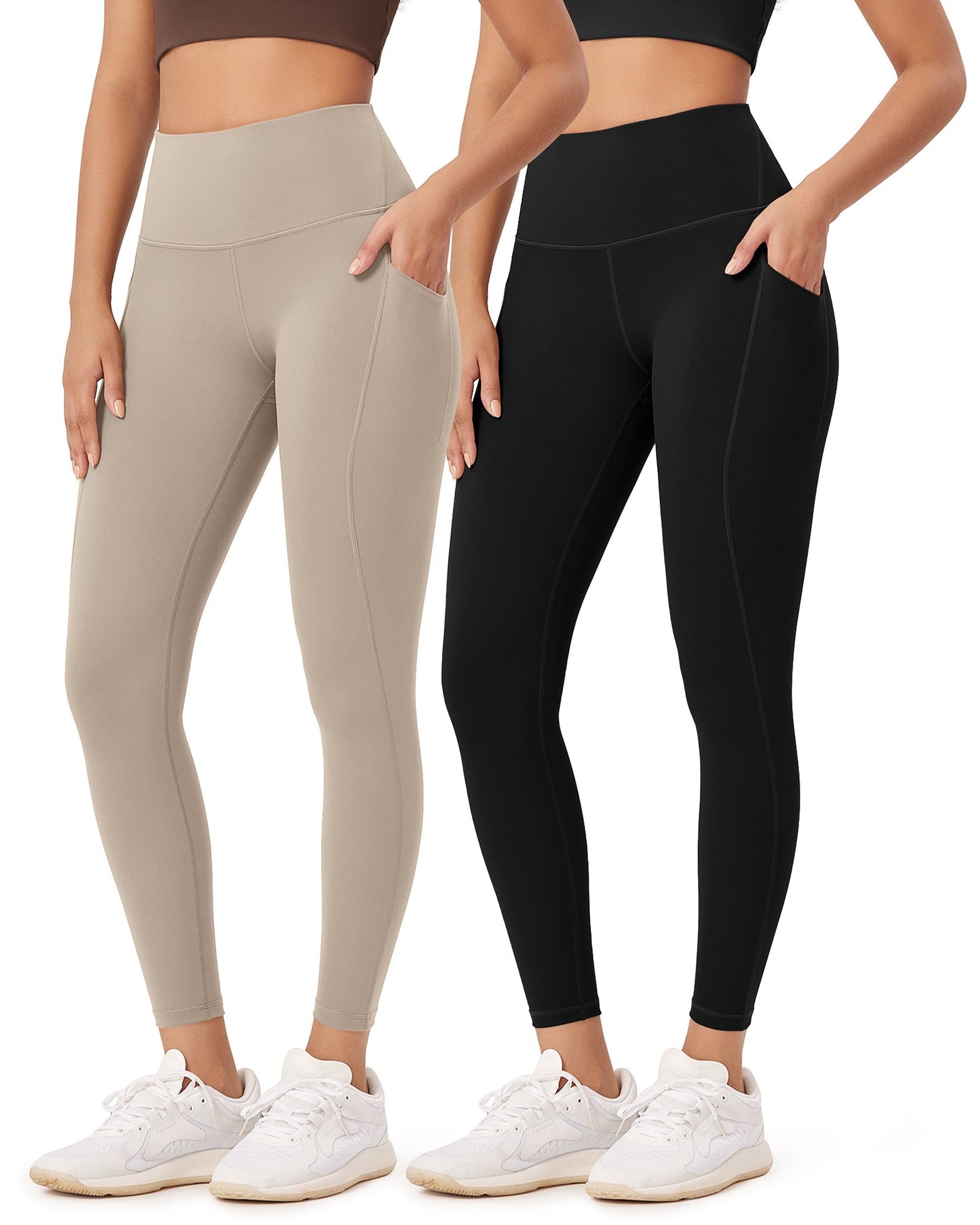 2-Pack 25�High Waist Workout Leggings with Pockets Black+Taupe - ododos