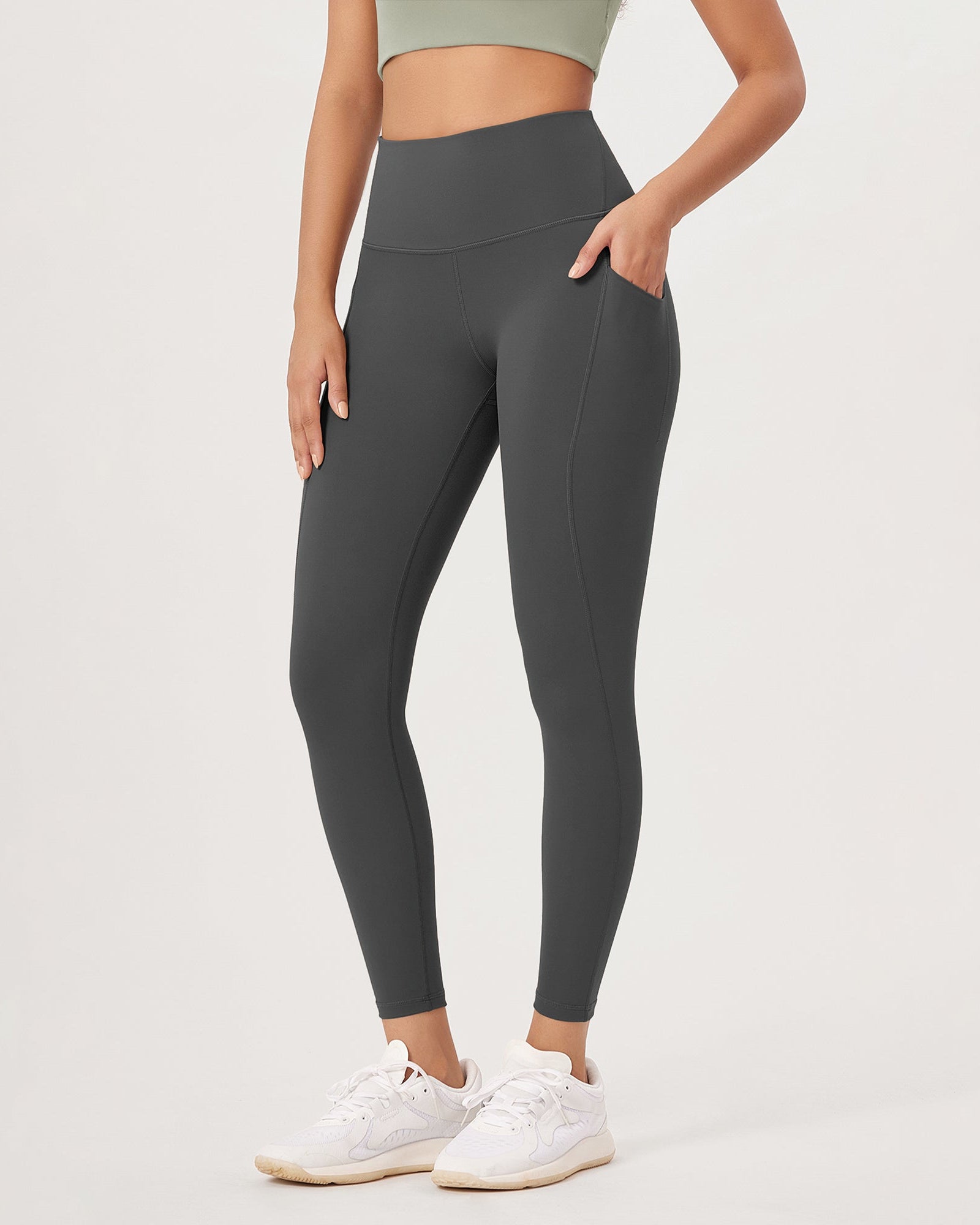 25�High Waist Workout Leggings with Pockets Charcoal - ododos