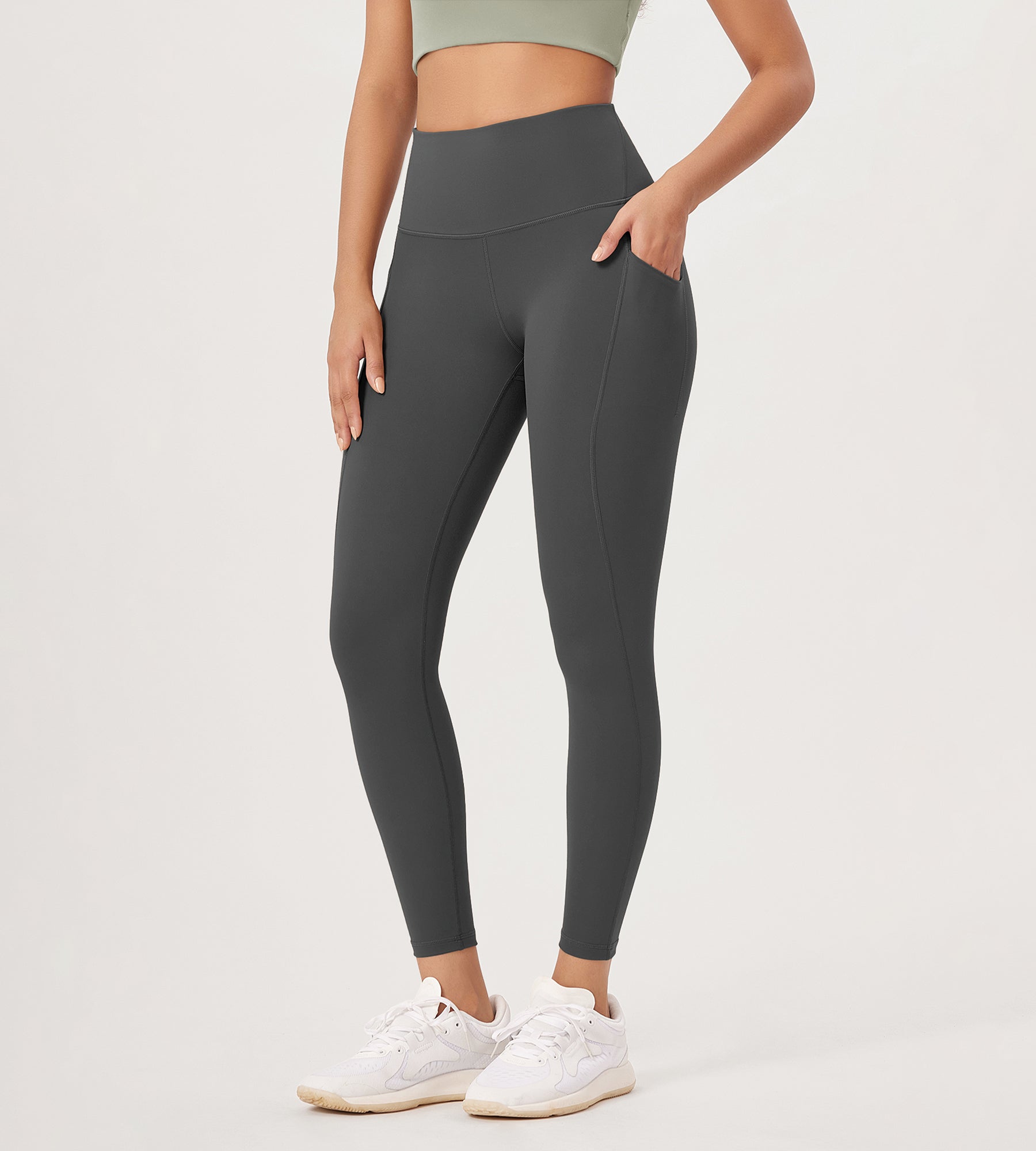 25�High Waist Workout Leggings with Pockets Charcoal - ododos