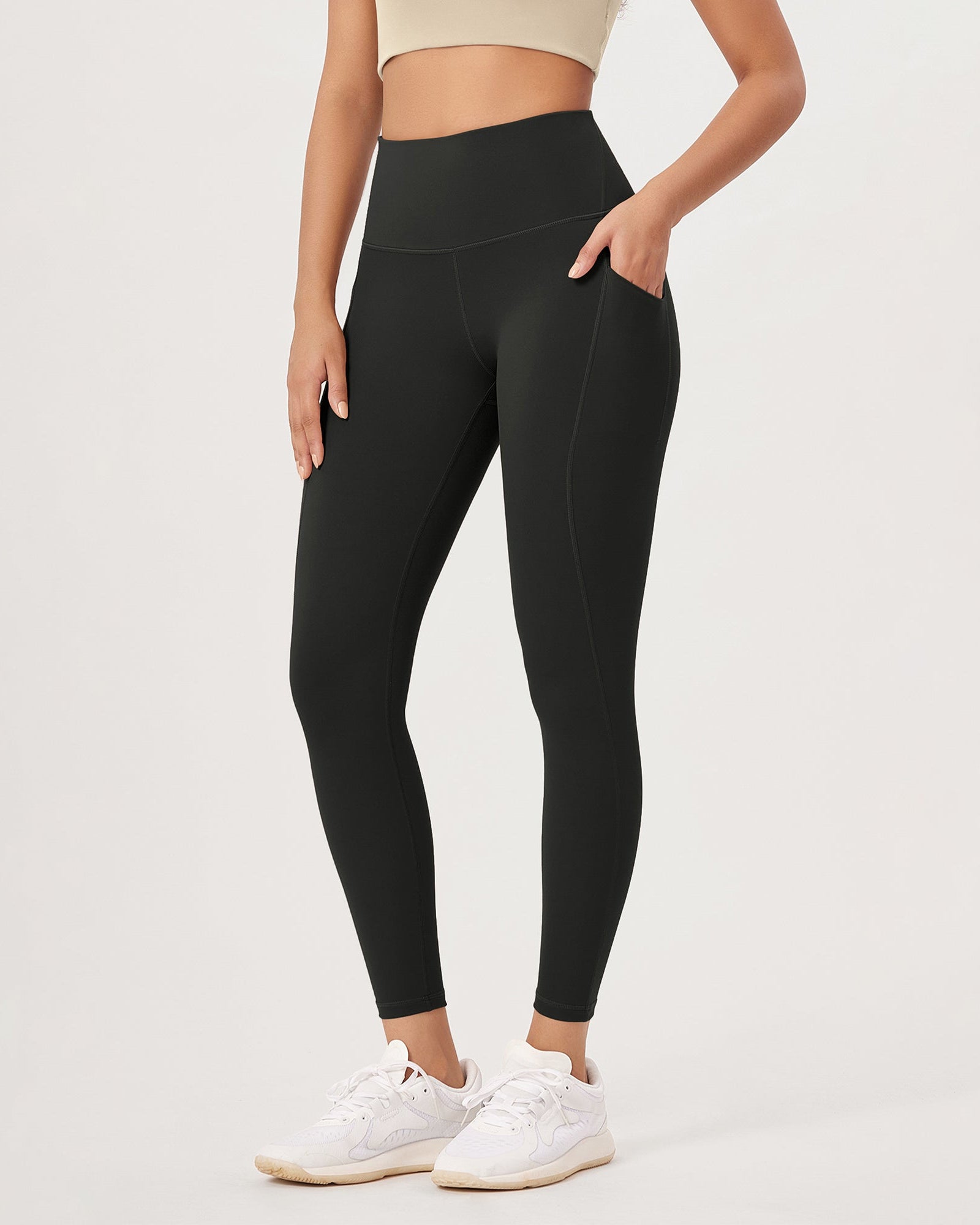 25�High Waist Workout Leggings with Pockets Onyx Black Grey - ododos
