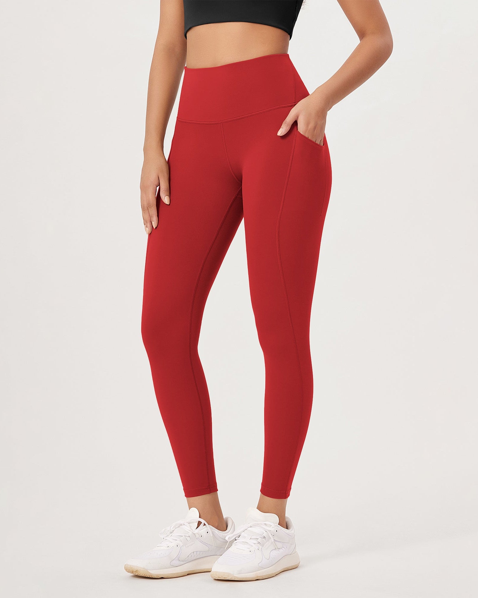 25�High Waist Workout Leggings with Pockets Red - ododos
