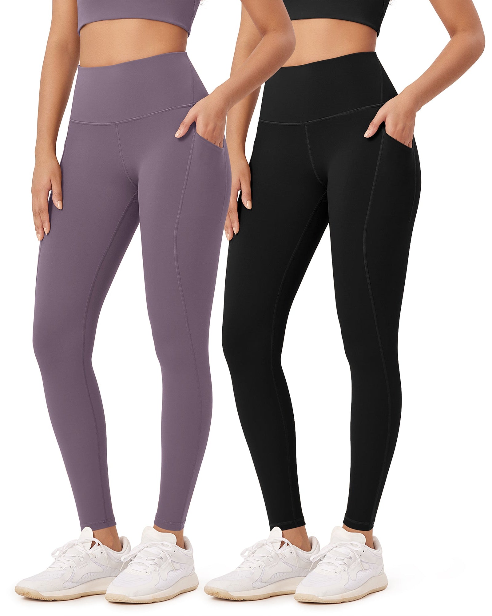 2-Pack 28 High Waist Workout Leggings with Pockets Black+Ash Violet - ododos