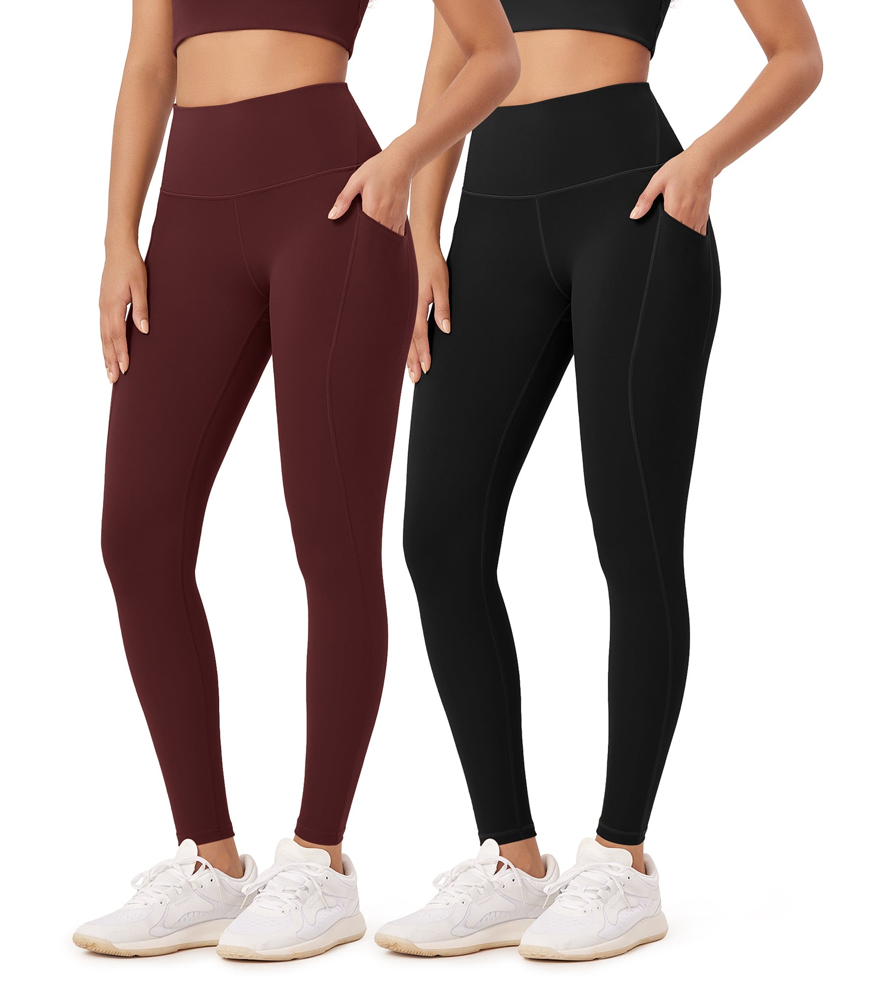 2-Pack 28 High Waist Workout Leggings with Pockets Black+Burgundy - ododos