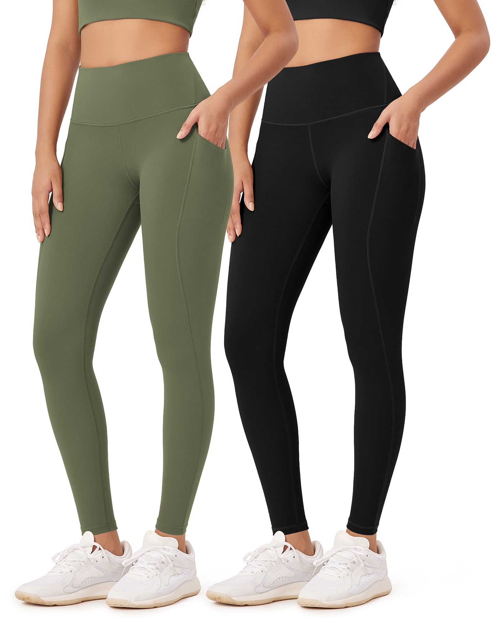 2-Pack 28 High Waist Workout Leggings with Pockets Black+Dark Olive - ododos