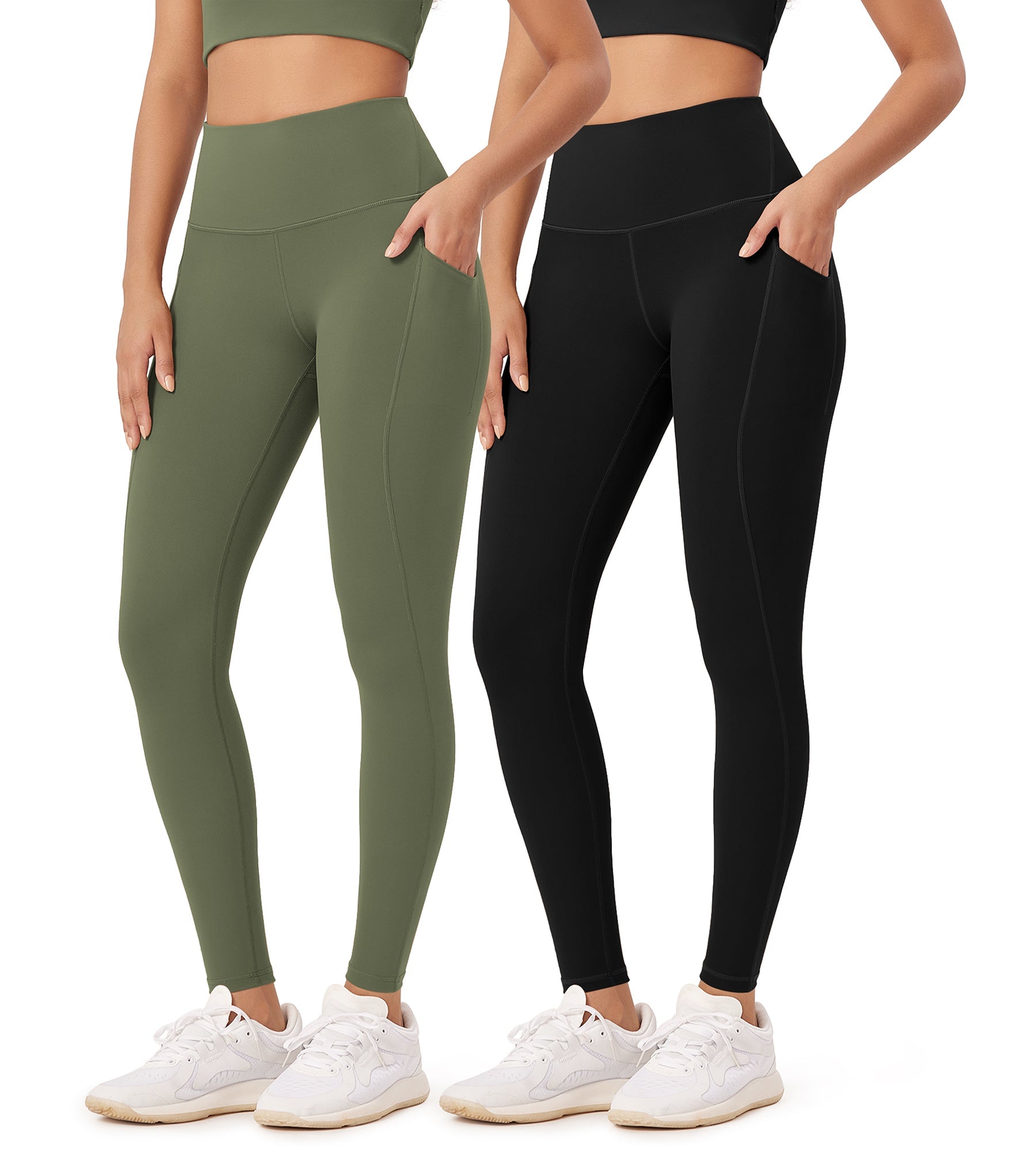2-Pack 28 High Waist Workout Leggings with Pockets Black+Dark Olive - ododos