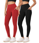 2-Pack 28 High Waist Workout Leggings with Pockets Black+Red - ododos