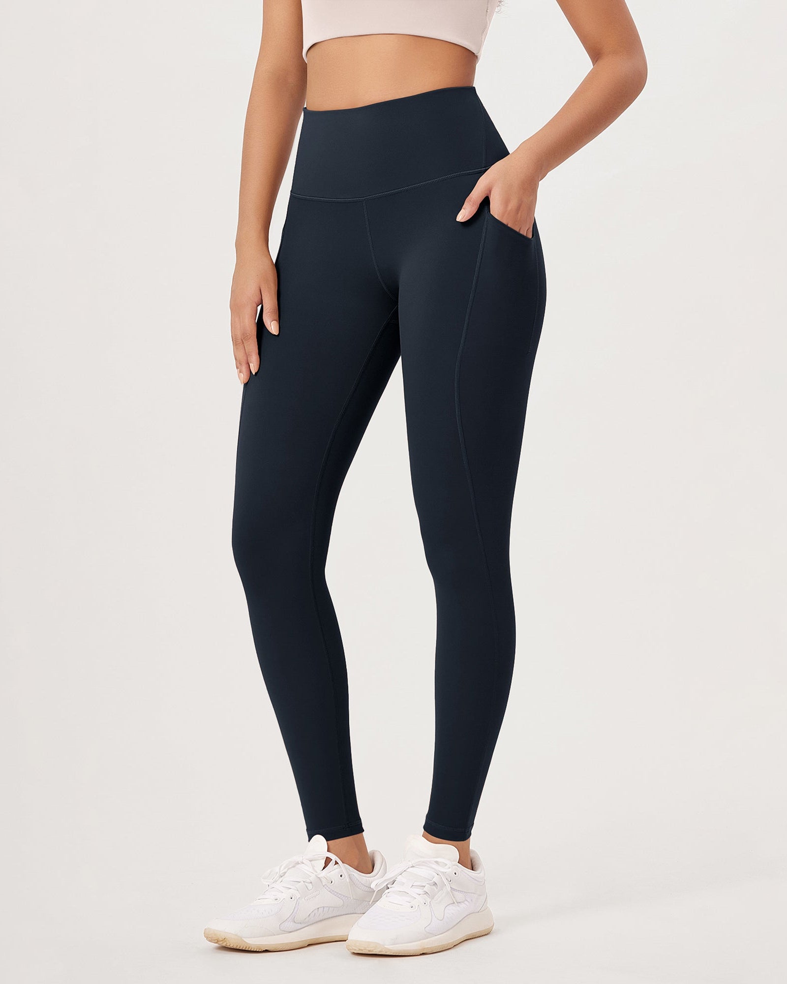 28�High Waist Workout Leggings with Pockets Deep Navy - ododos