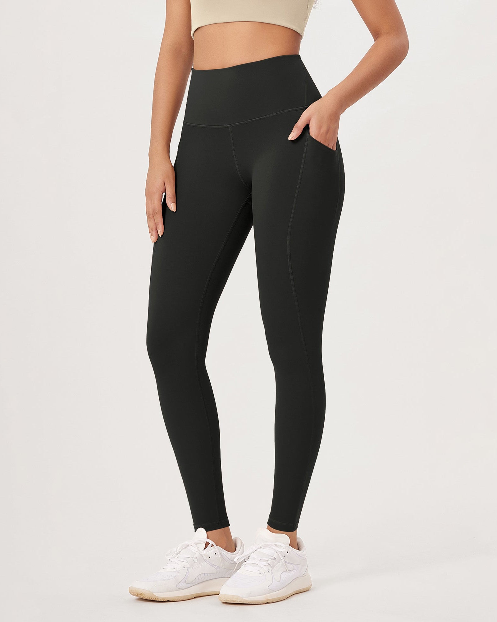 28�High Waist Workout Leggings with Pockets Onyx Black Grey - ododos