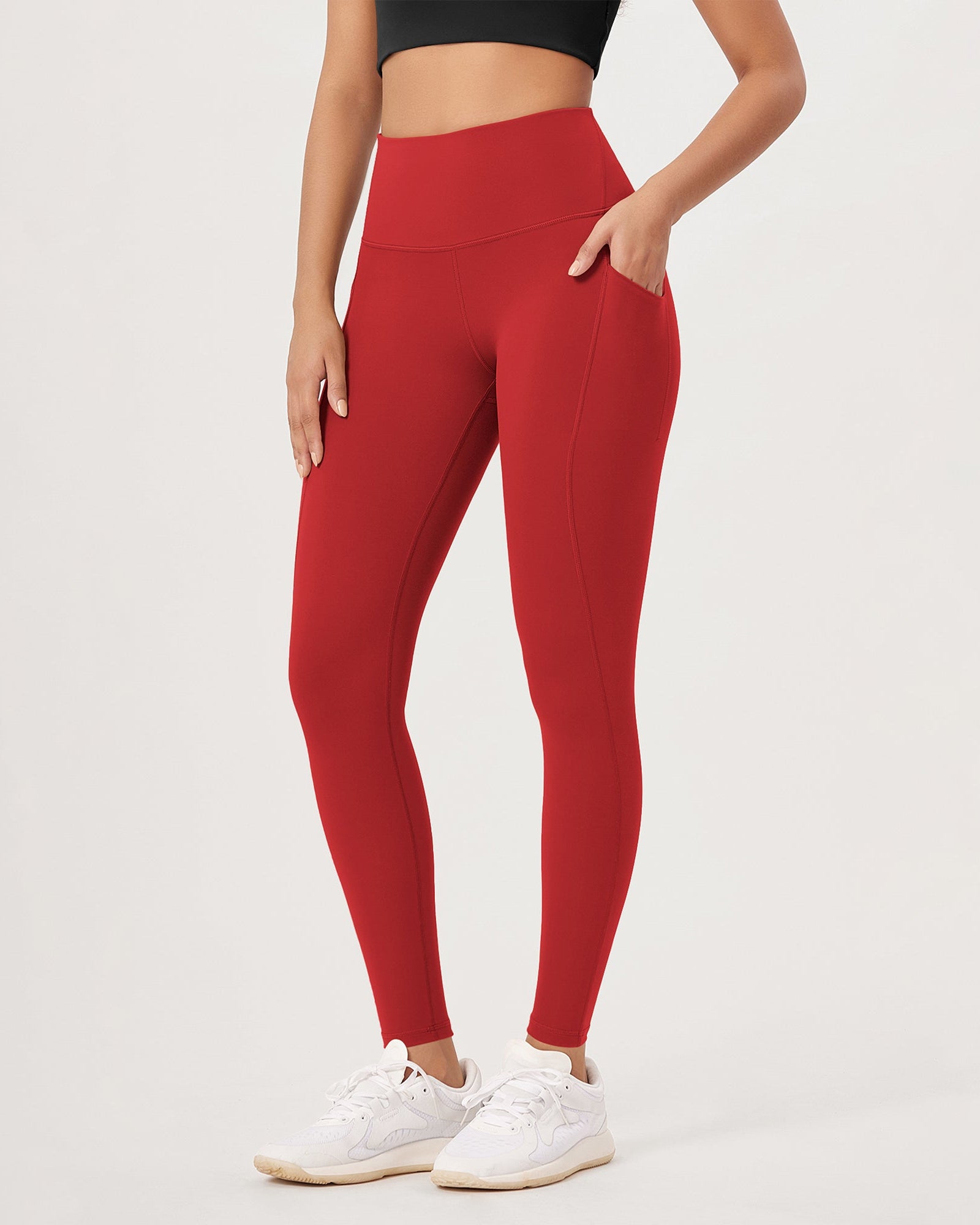 28�High Waist Workout Leggings with Pockets Red - ododos