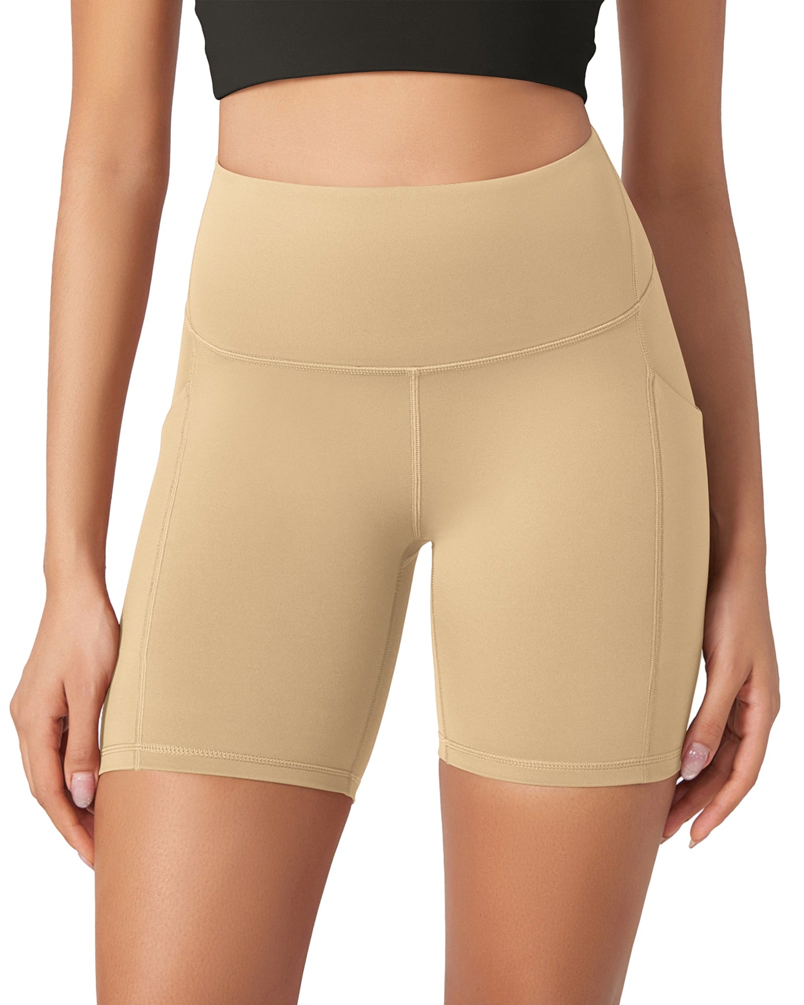 ODLEX 6 Inseam High Waist Workout Athletic Biker Shorts with Pockets Beige - ododos