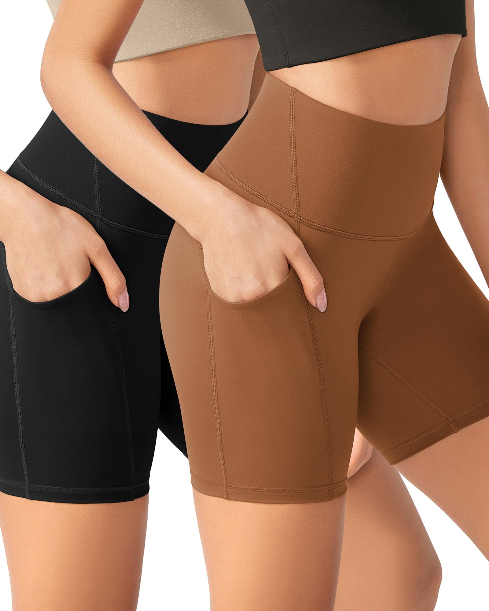 ODLEX 2-Pack 6 Inseam High Waist Workout Athletic Biker Shorts with Pockets Black+Caramel - ododos