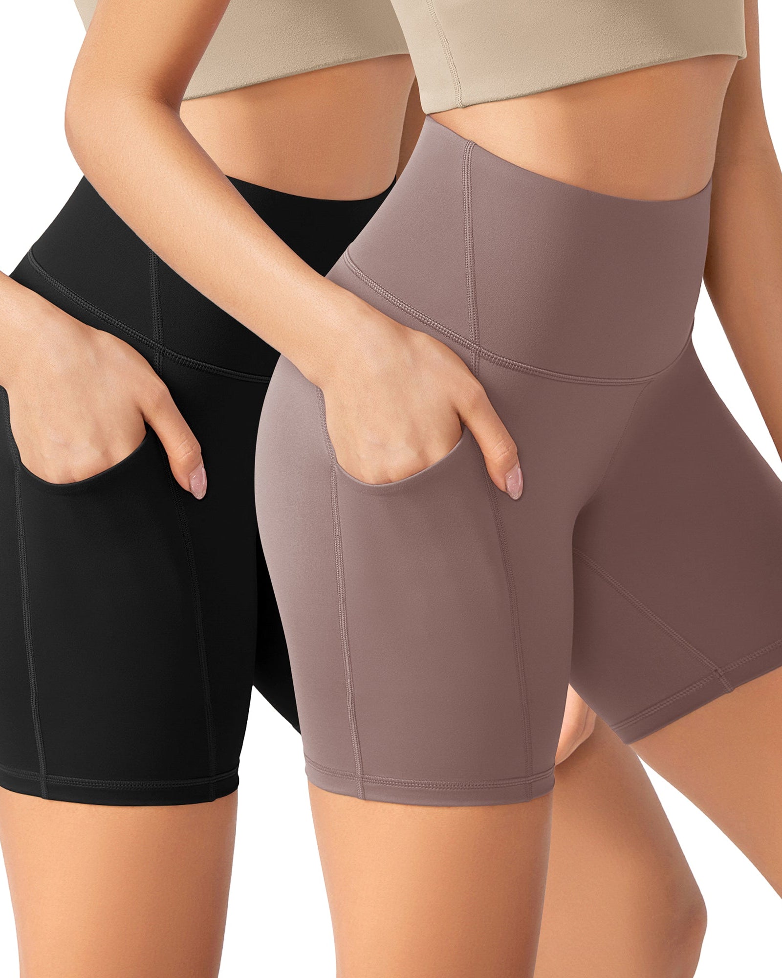 ODLEX 2-Pack 6 Inseam High Waist Workout Athletic Biker Shorts with Pockets Black+Purple Taupe - ododos