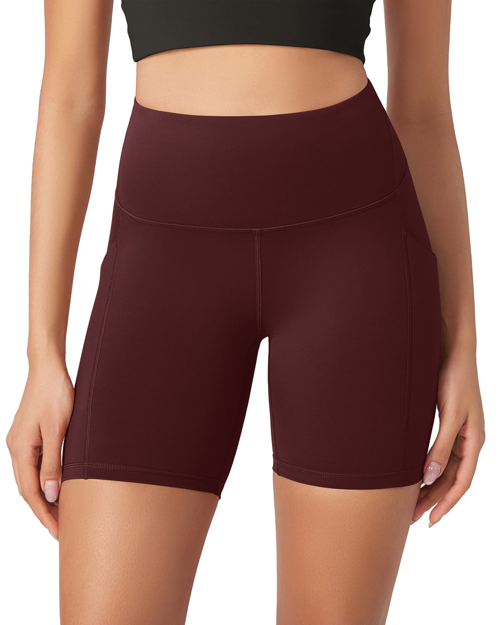 ODLEX 6 Inseam High Waist Workout Athletic Biker Shorts with Pockets Burgundy - ododos