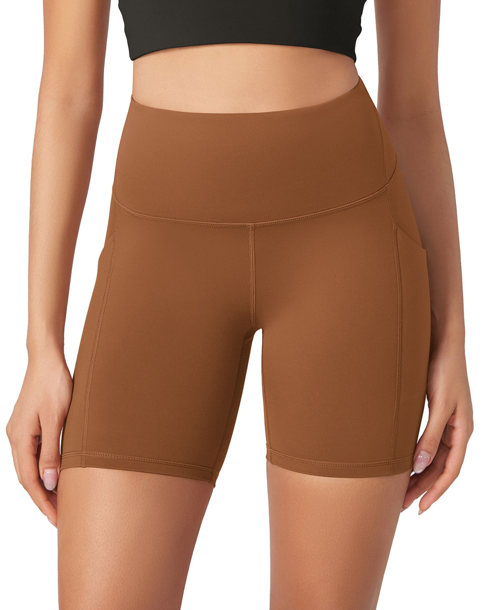 ODLEX 6 Inseam High Waist Workout Athletic Biker Shorts with Pockets Caramel - ododos