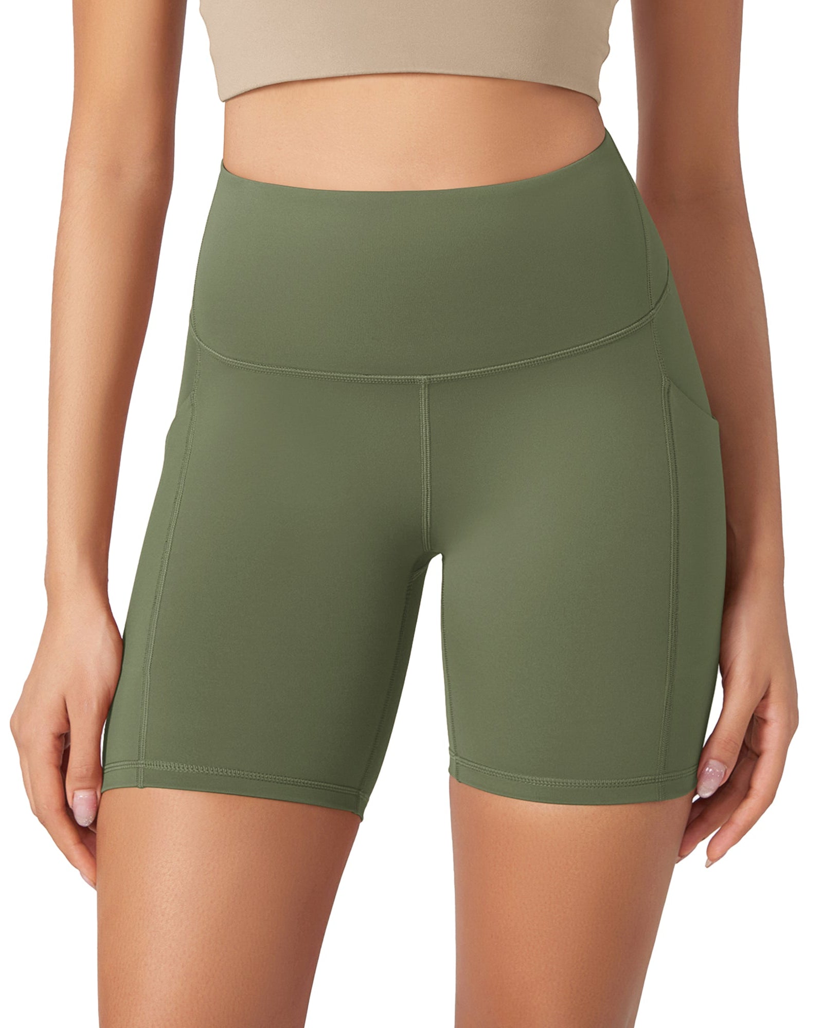 ODLEX 6 Inseam High Waist Workout Athletic Biker Shorts with Pockets Dark Olive - ododos