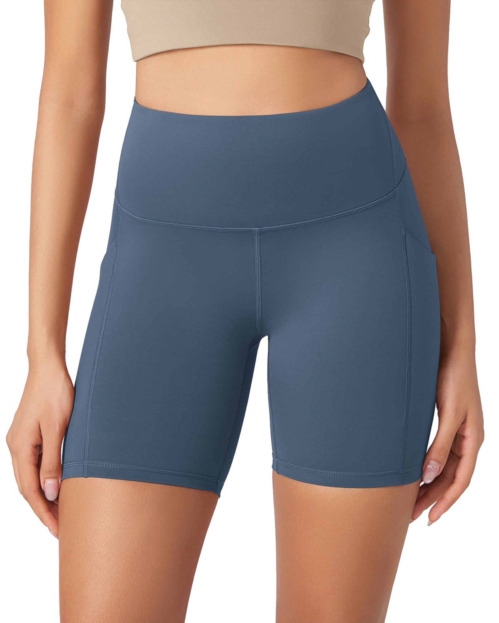 ODLEX 6 Inseam High Waist Workout Athletic Biker Shorts with Pockets Ink Blue - ododos