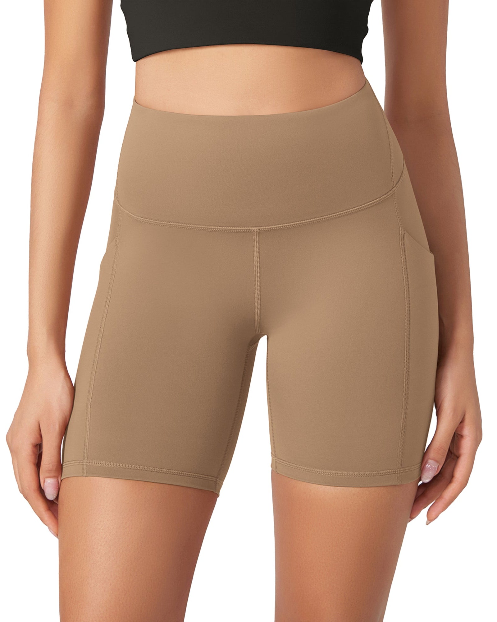 ODLEX 6 Inseam High Waist Workout Athletic Biker Shorts with Pockets Light Brown - ododos