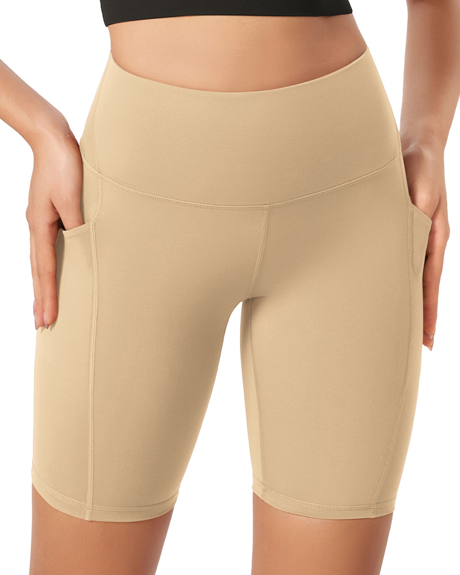 ODLEX 8 Inseam High Waist Workout Athletic Biker Shorts with Pockets Beige - ododos
