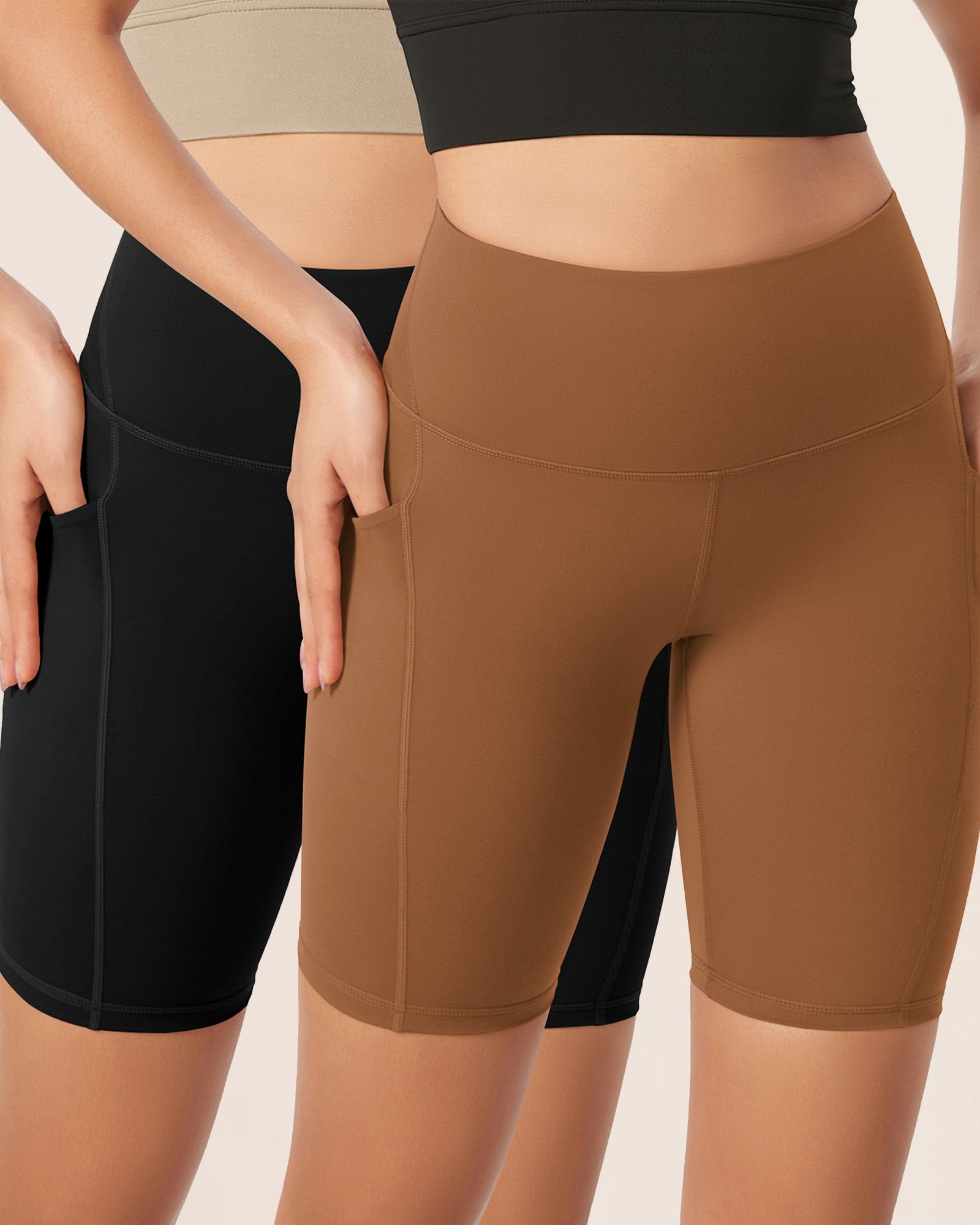 ODLEX 2-Pack 8 Inseam High Waist Workout Athletic Biker Shorts with Pockets Black+Caramel - ododos