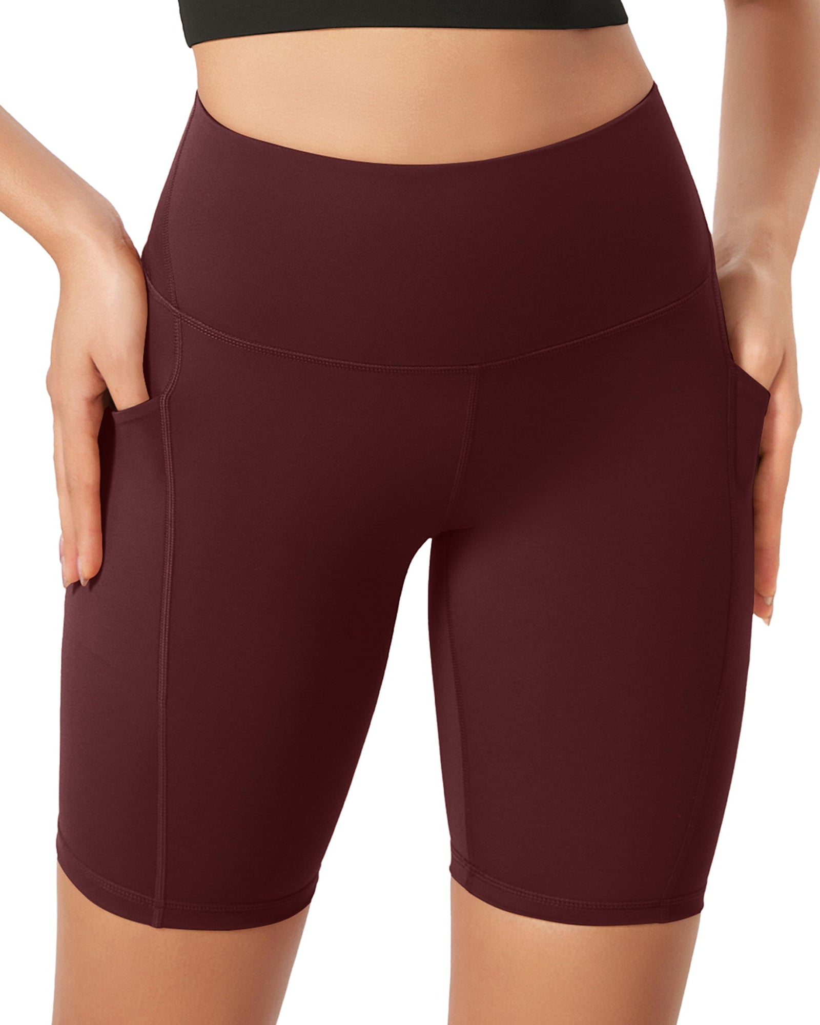 ODLEX 8 Inseam High Waist Workout Athletic Biker Shorts with Pockets Burgundy - ododos