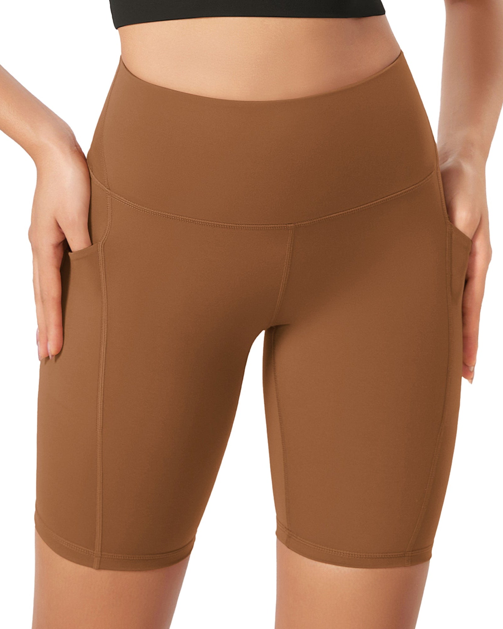 ODLEX 8 Inseam High Waist Workout Athletic Biker Shorts with Pockets Caramel - ododos