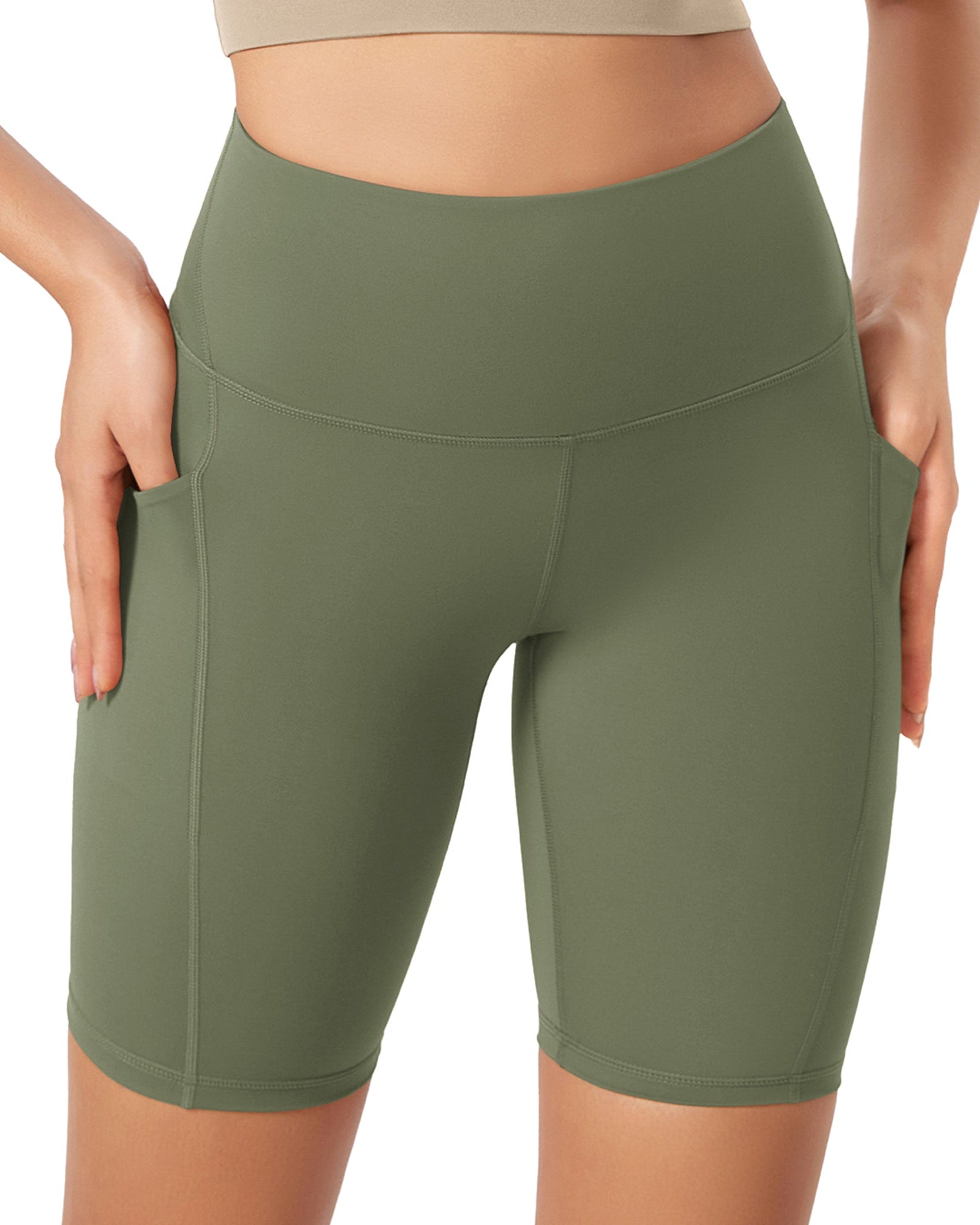 ODLEX 8 Inseam High Waist Workout Athletic Biker Shorts with Pockets Dark Olive - ododos