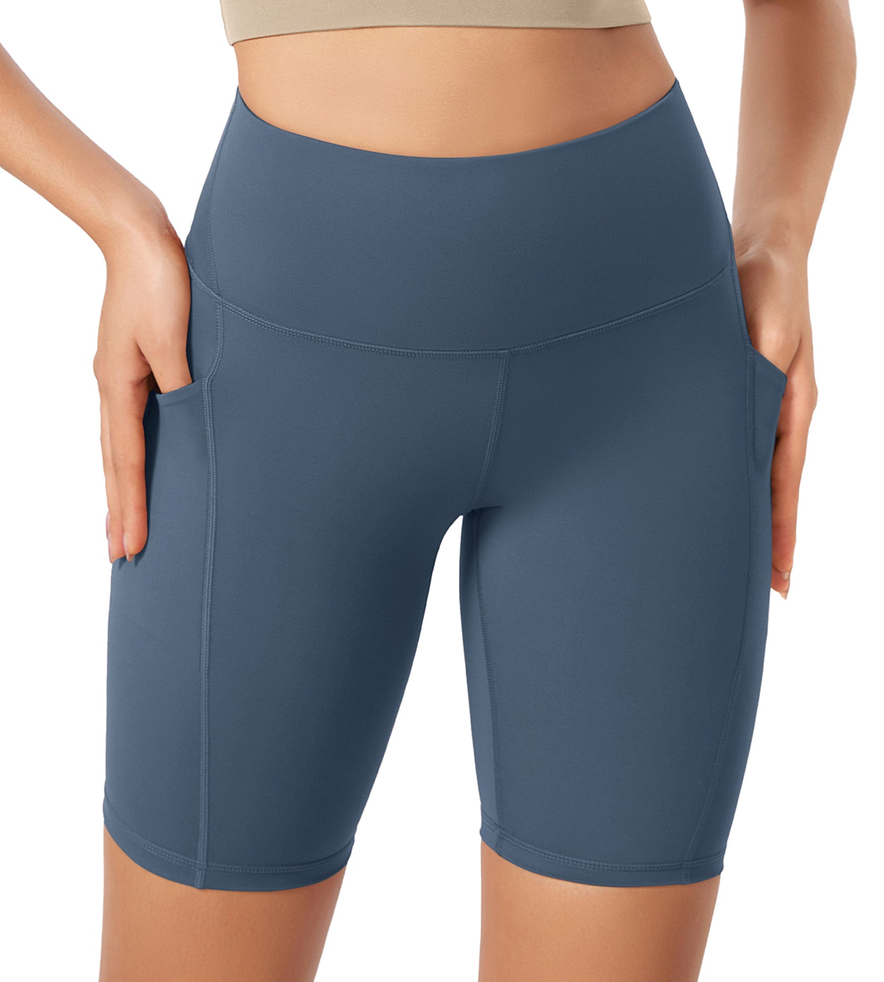 ODLEX 8 Inseam High Waist Workout Athletic Biker Shorts with Pockets Ink Blue - ododos