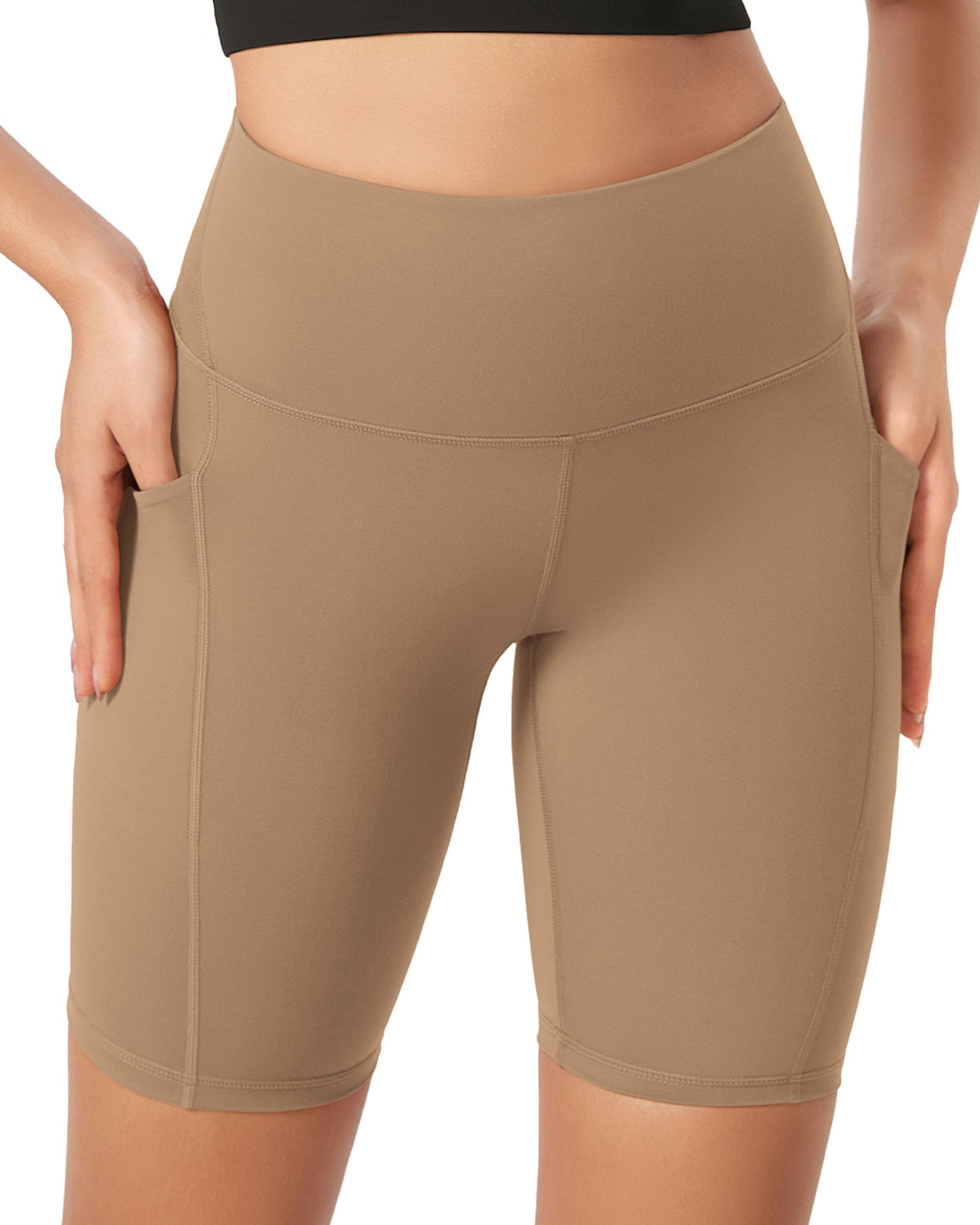 ODLEX 8 Inseam High Waist Workout Athletic Biker Shorts with Pockets Light Brown - ododos