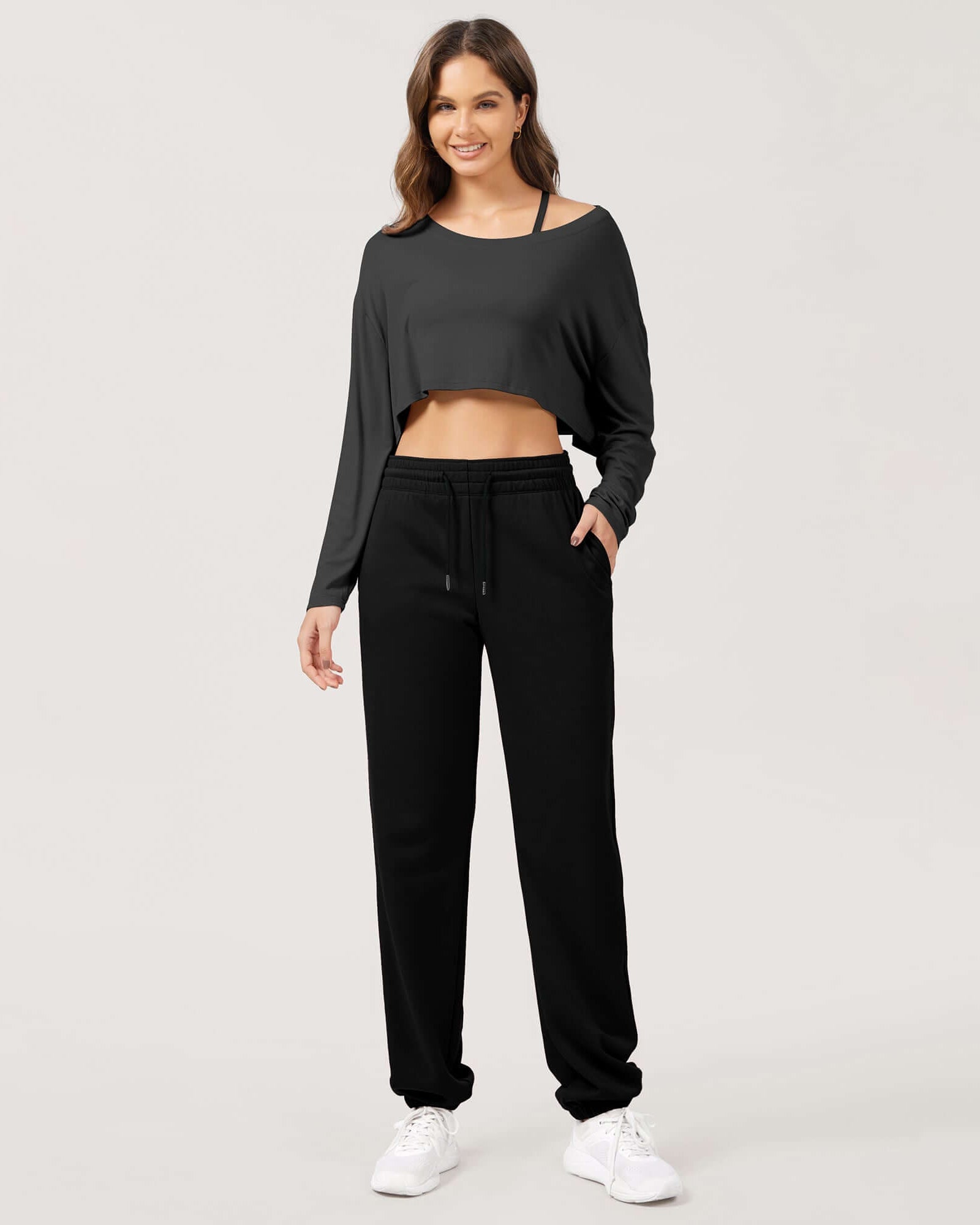 Cotton French Terry High Waist Drawstring Lounge Pants Black - ododos